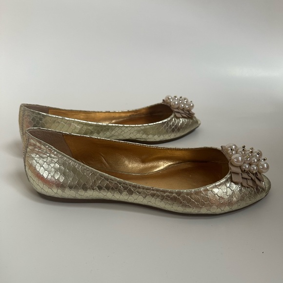 Kate Spade Ollie Metallic Leather Peep Toe Pearl Embellished Ballet Flats - Picture 4 of 5